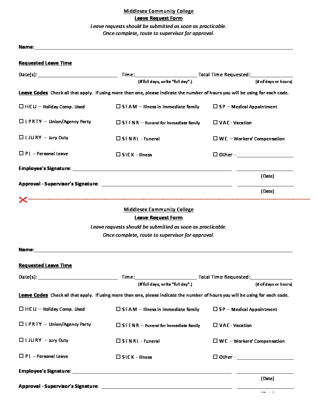 Leave Request Form Printable CT State Middlesex