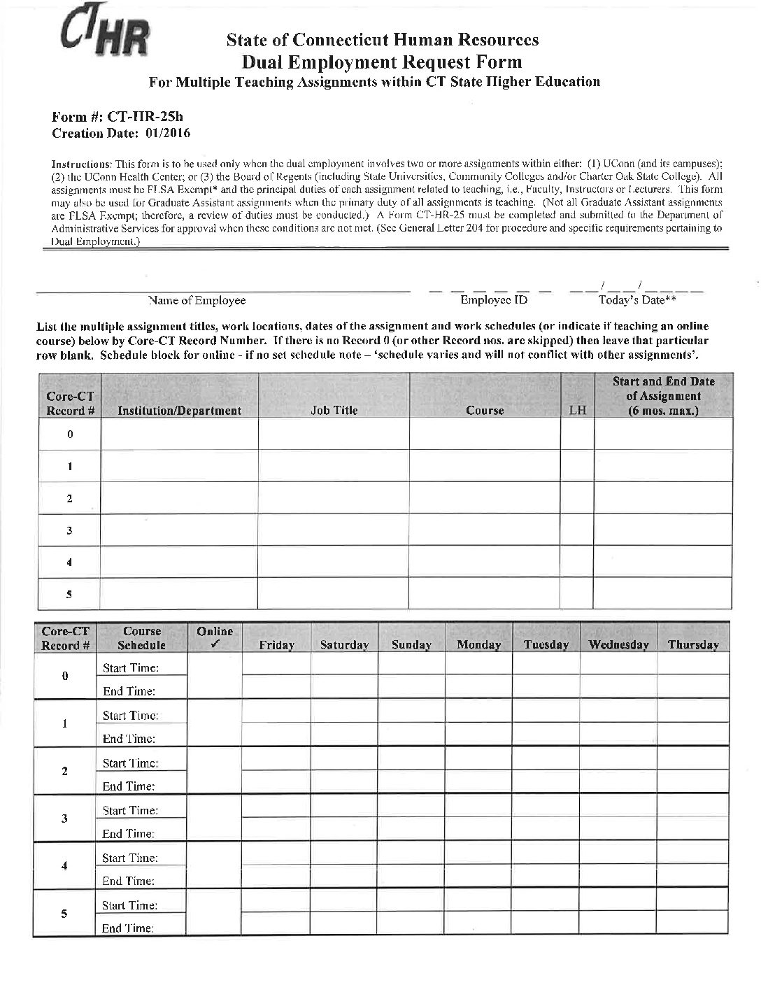 Dual Employment Request Form (short form) | CT State, Middlesex