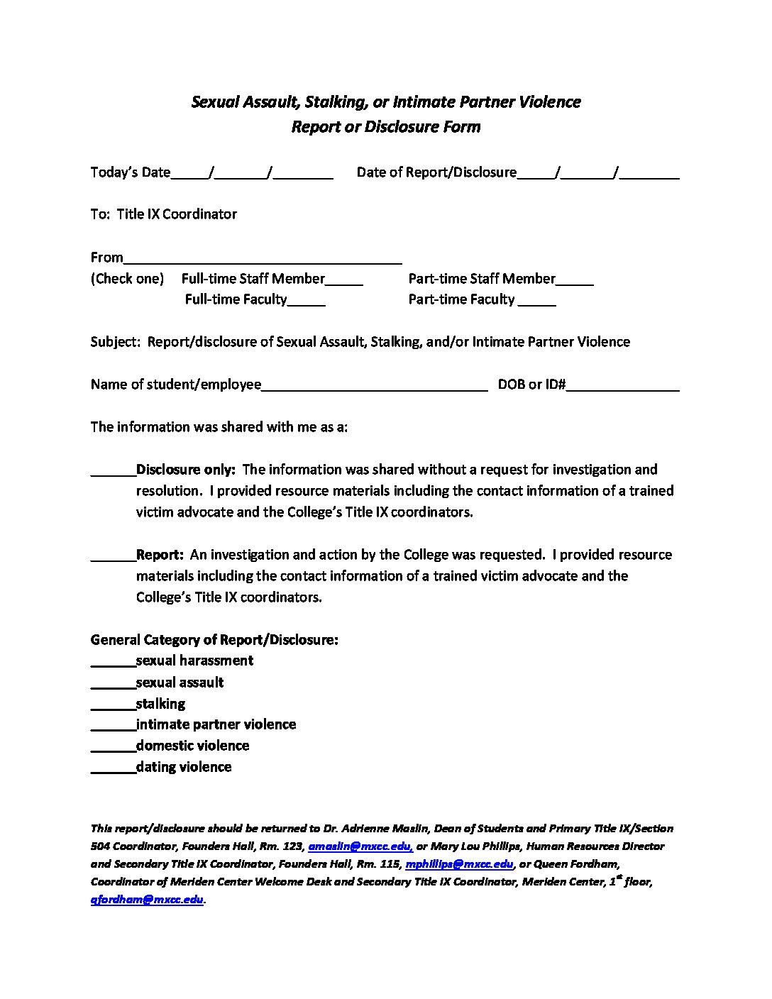 Sexual Assault Report Disclosure Form Fillable Ct State Middlesex