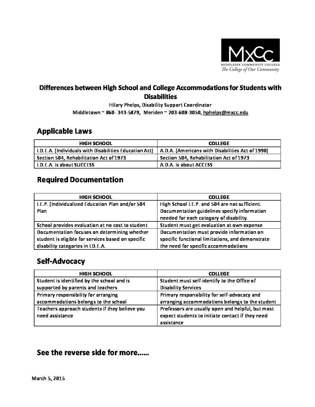 Differences Between High School And College For Students With Disabilities Middlesex Community College Ct