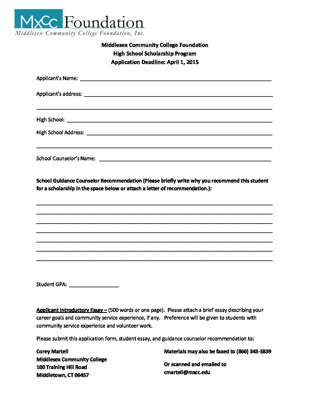 High School Scholarship Application 2015 | CT State, Middlesex