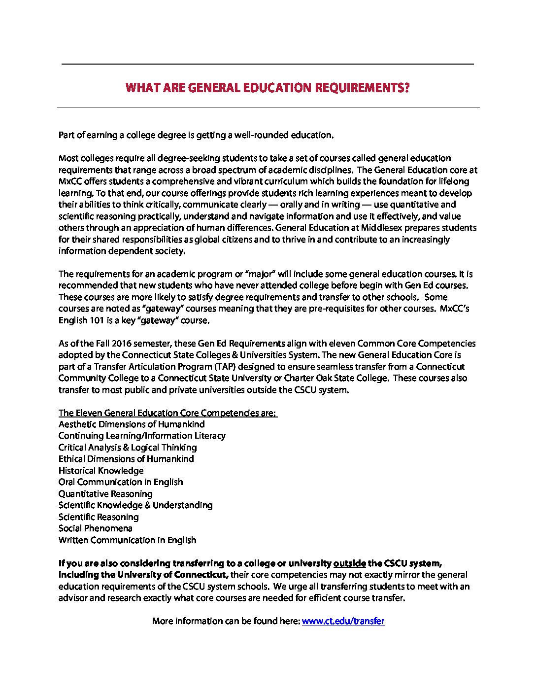 General Education Requirements/Transfer Articulation Pathways | CT ...