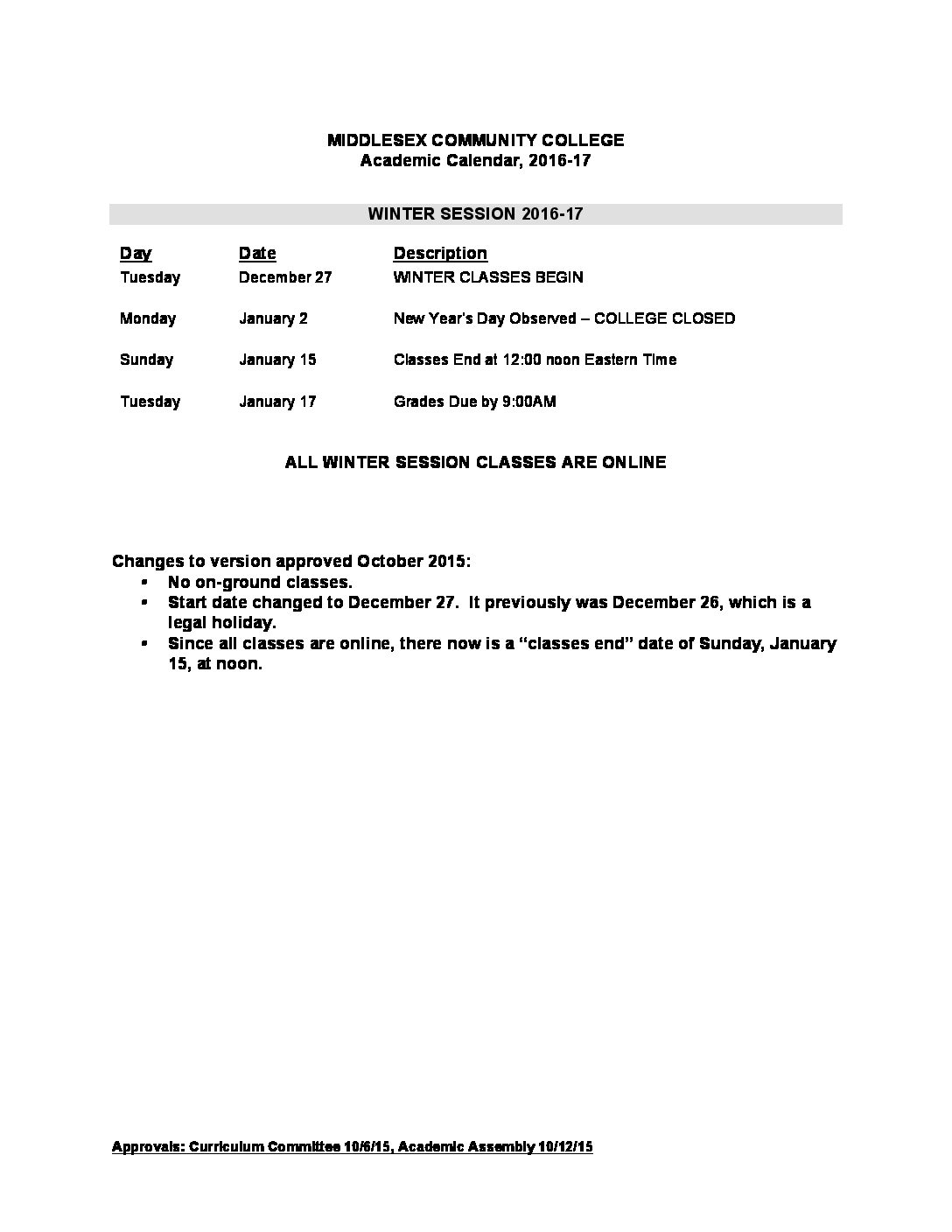 Winter201617AcademicCalendar CT State, Middlesex