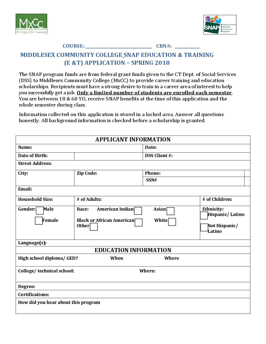 Download the SNAP application Middlesex Community College, CT