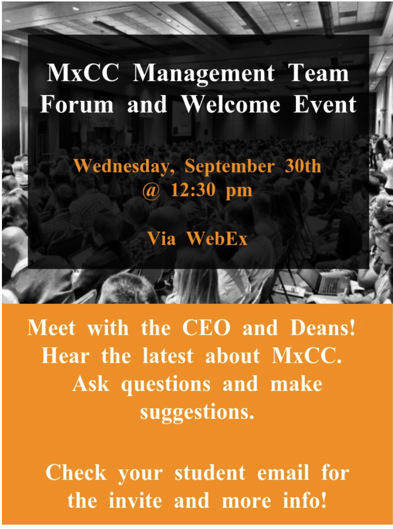 Management team forum and welcome event flyer (details below)