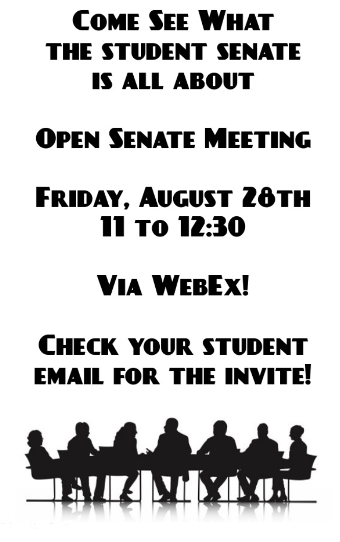 Student senate open meeting flyer (details below)