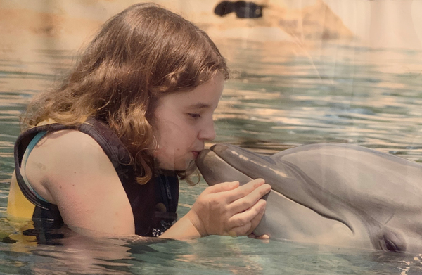 Amy in the water kisses a dolphin