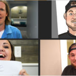 4 virtual windows, one man, one illustration, one woman holding a sign that says "me?" and another man in the bottom