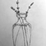 black and white pencil drawing flowers in vase
