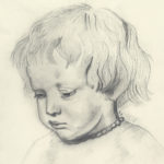 black and white pencil drawing child looking down