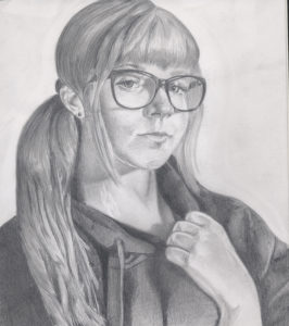 girl with glasses and pigtail black and white drawing
