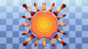 sun graphic with blue checkered pattern behind it