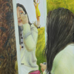 oil painting woman putting makeup on in mirror