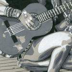 greyscale close up of woman holding guitar
