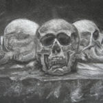 three skulls at different angles still life drawing