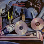 still life with cd's tools, and beer bottle