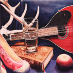 still life with ukelele, book, water glass, shoes, and antlers