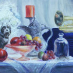 still life with candles, statues, fruit, teapot, and saxaphone