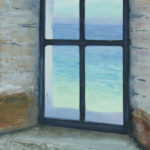 oil painting window and stone walls overlooking water
