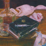 still life with alcohol, bible, syringe, keys, bra, and picture of woman and child