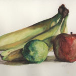 Watercolor still life of banana, lime, and apple